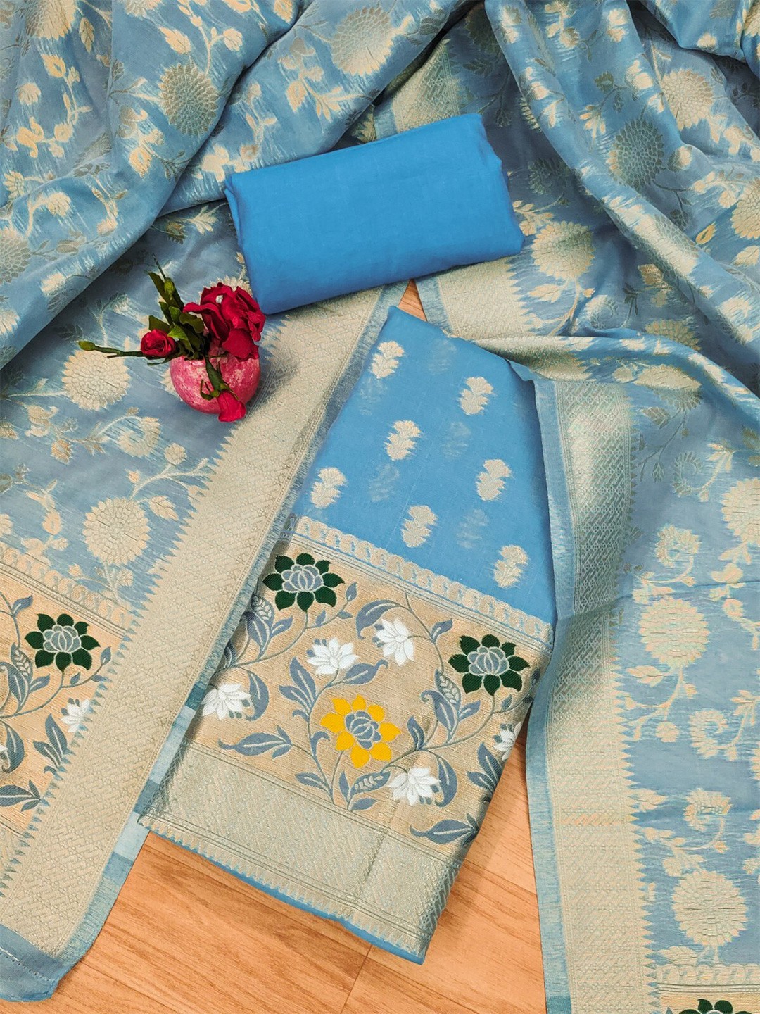 

KALINI Ethnic Motif Woven Design Cotton Silk Unstitched Dress Material, Blue