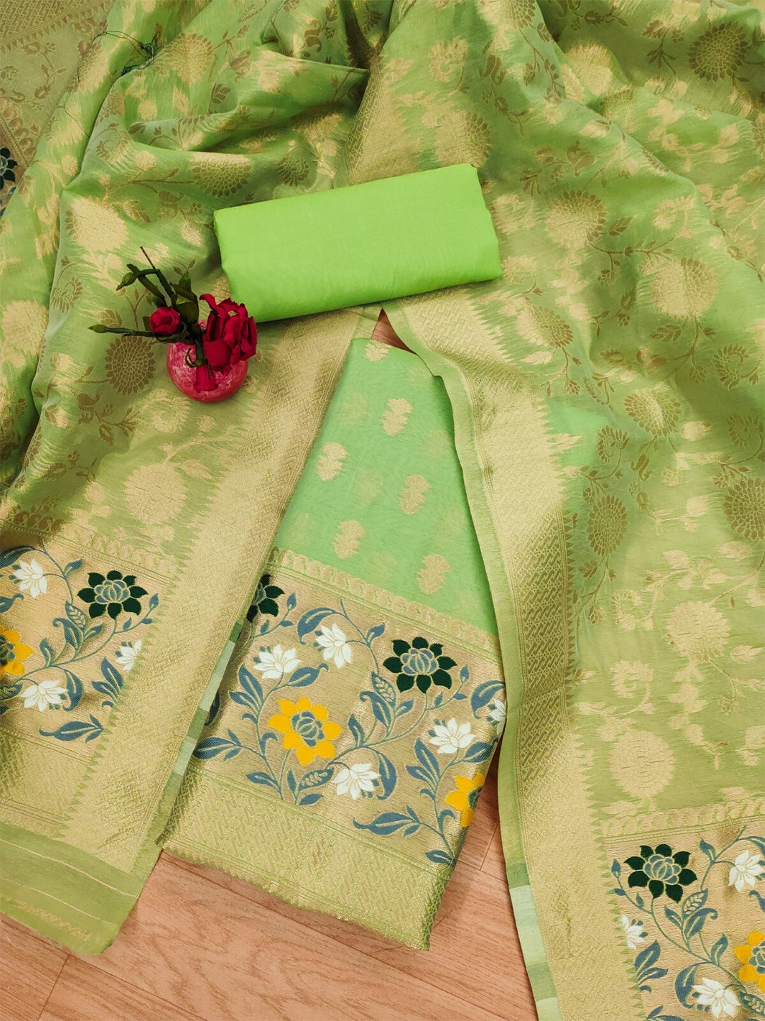

KALINI Ethnic Motif Woven Design Cotton Silk Unstitched Dress Material, Green