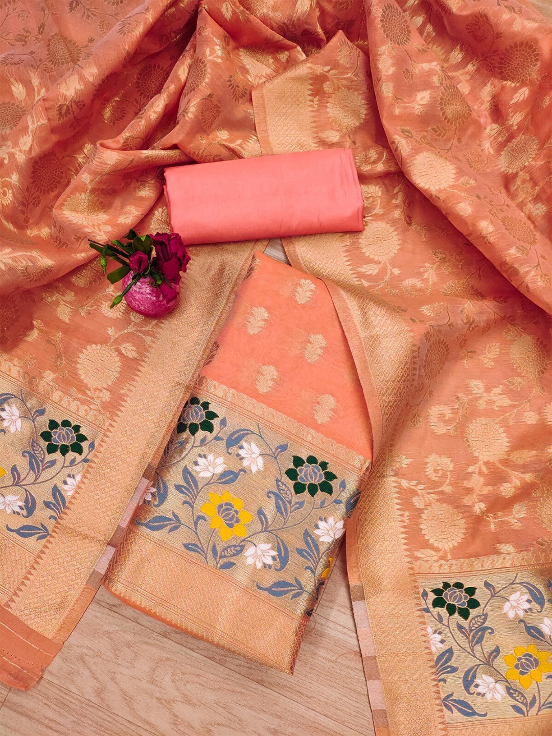 

KALINI Ethnic Motif Woven Design Cotton Silk Unstitched Dress Material, Peach