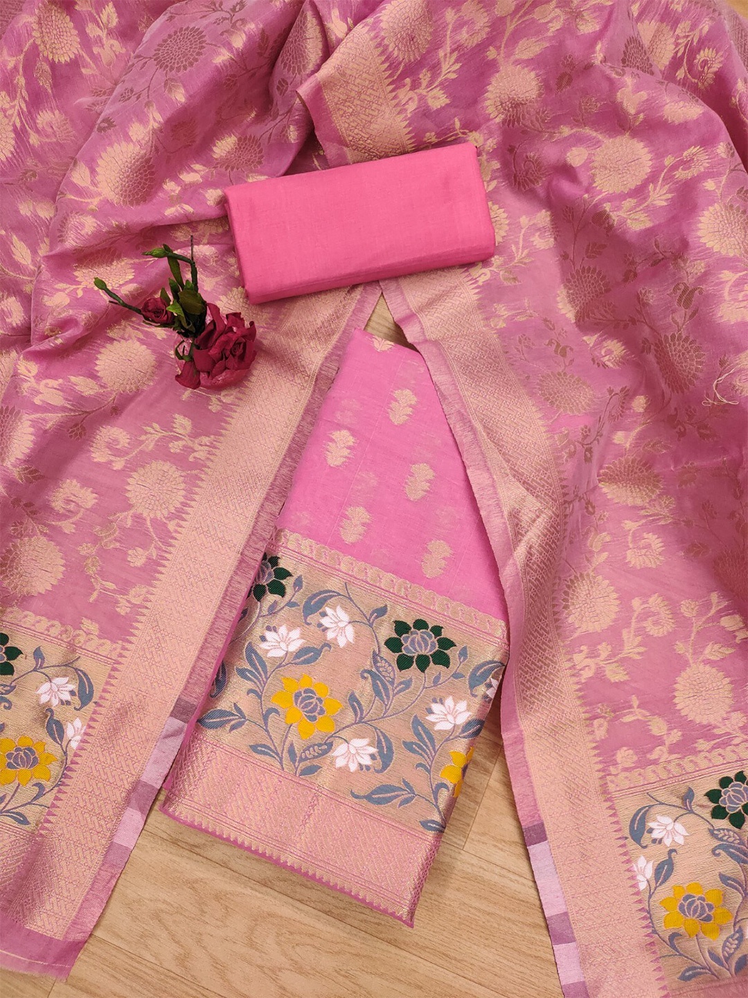

KALINI Ethnic Motif Woven Design Cotton Silk Unstitched Dress Material, Pink