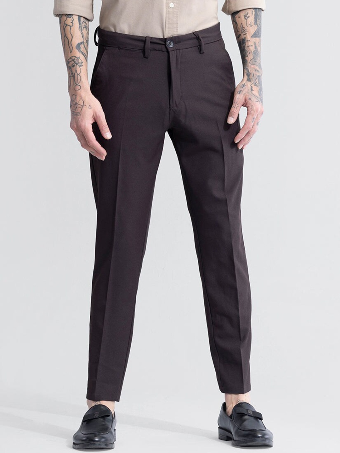 

Snitch Men Brown Smart Slim Fit Mid-Rise Cotton Trouser