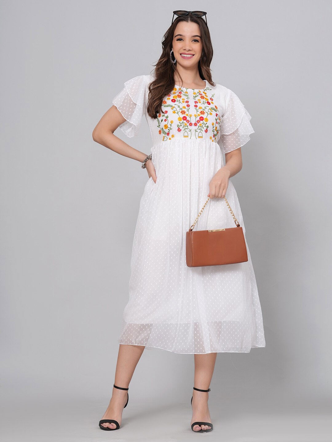 

KALINI Self Design Embroidered Flared Sleeves Chiffon Empire Midi Dress, White
