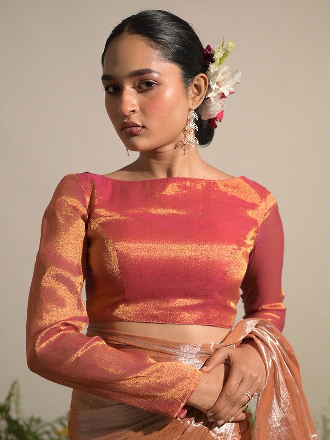 

HUTS AND LOOMS Boat Neck Saree Blouse, Orange