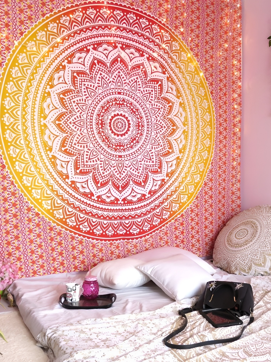 

dravy handicrafts Orange-Coloured & White Printed Cotton Tapestry