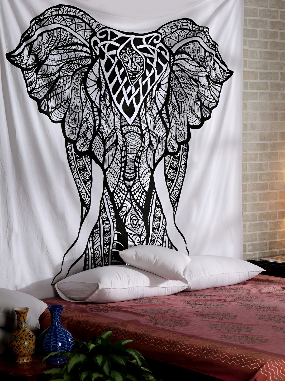 

dravy handicrafts White & Black Elephant Printed Cotton Tapestry