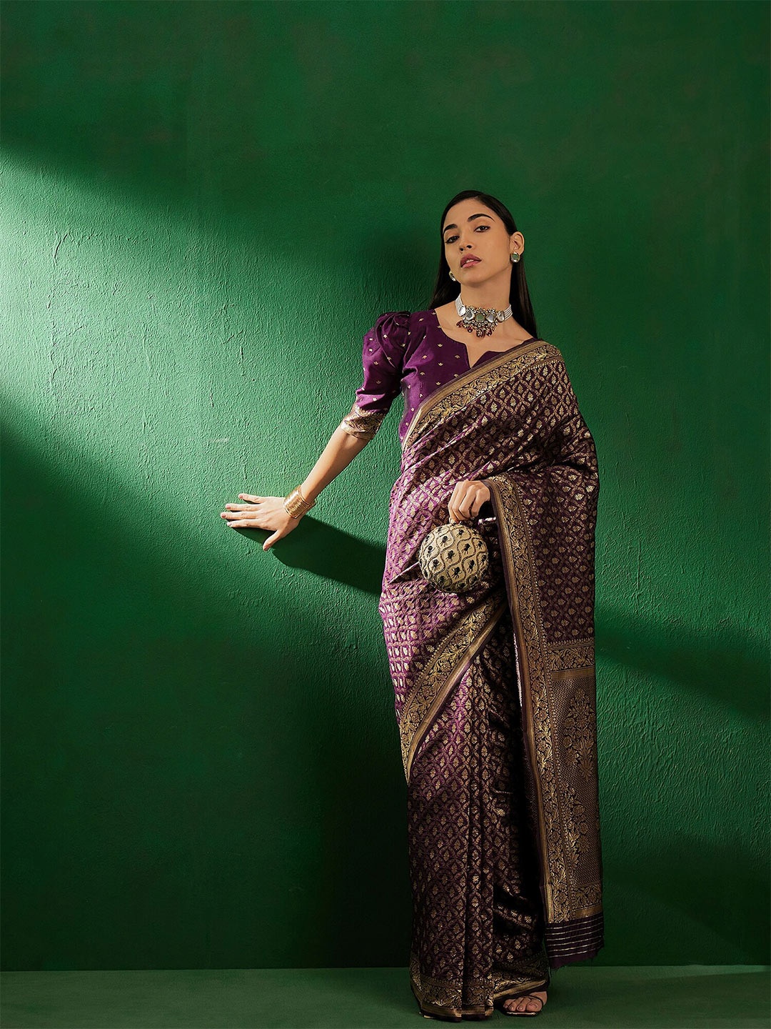 

Sangria Ethnic Motifs Woven Design Banarasi Saree, Purple