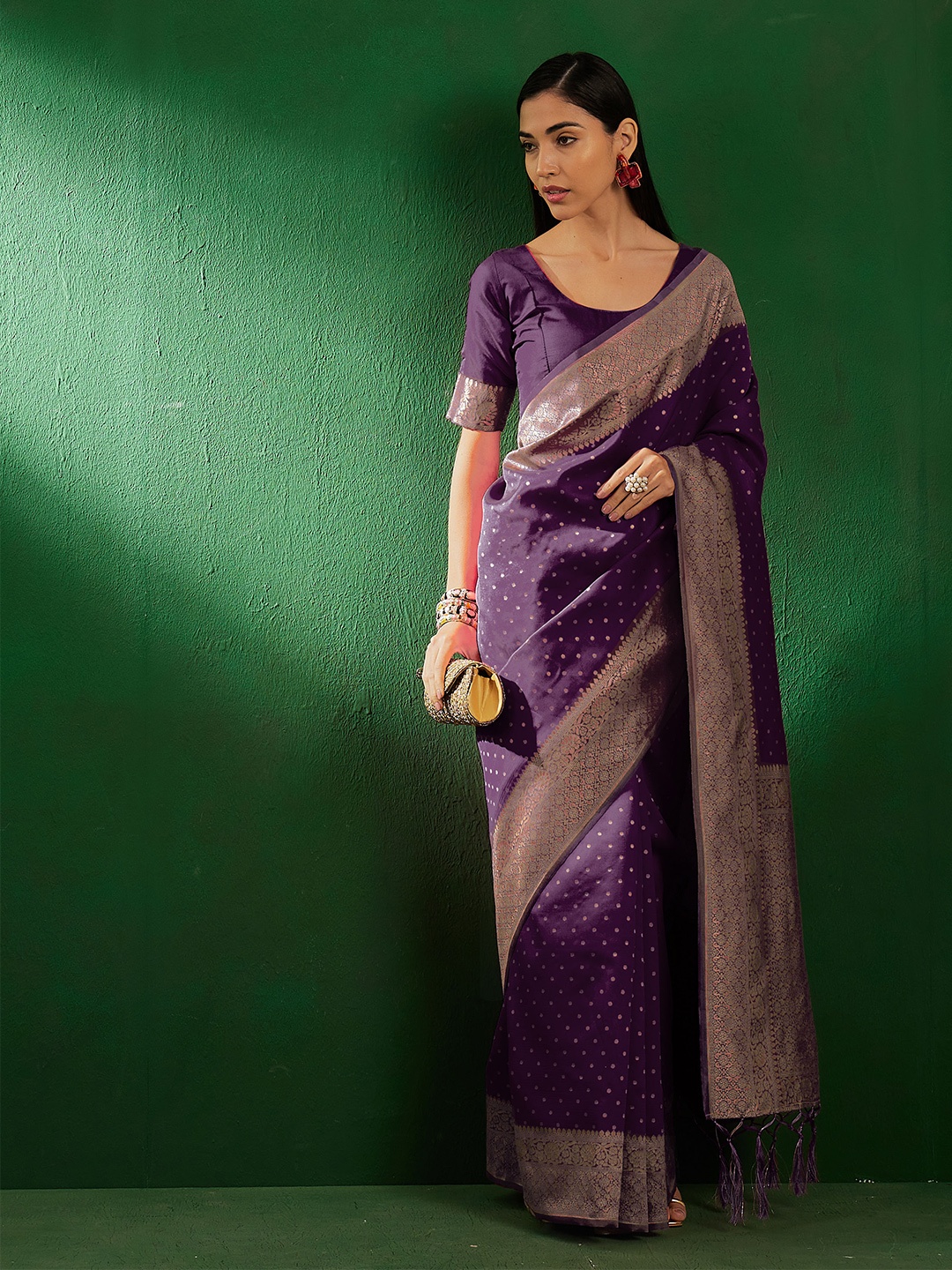 

Sangria Polka Dots Woven Design Banarasi Saree, Purple