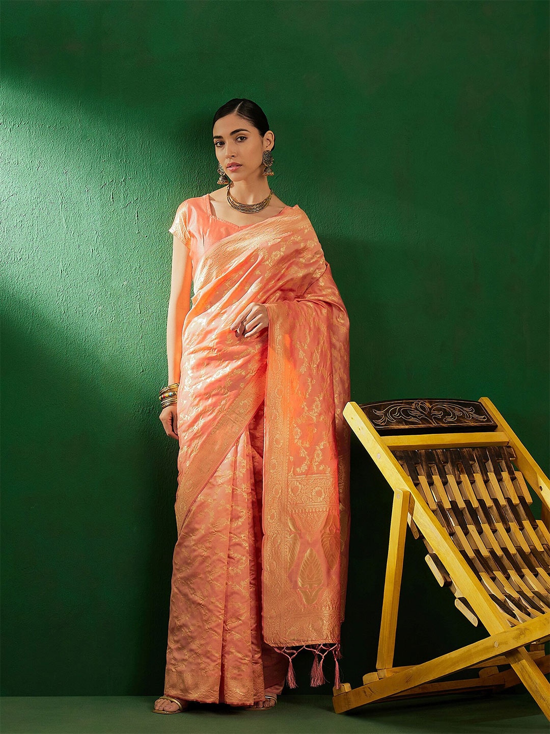 

Sangria Floral Woven Design Banarasi Saree, Peach