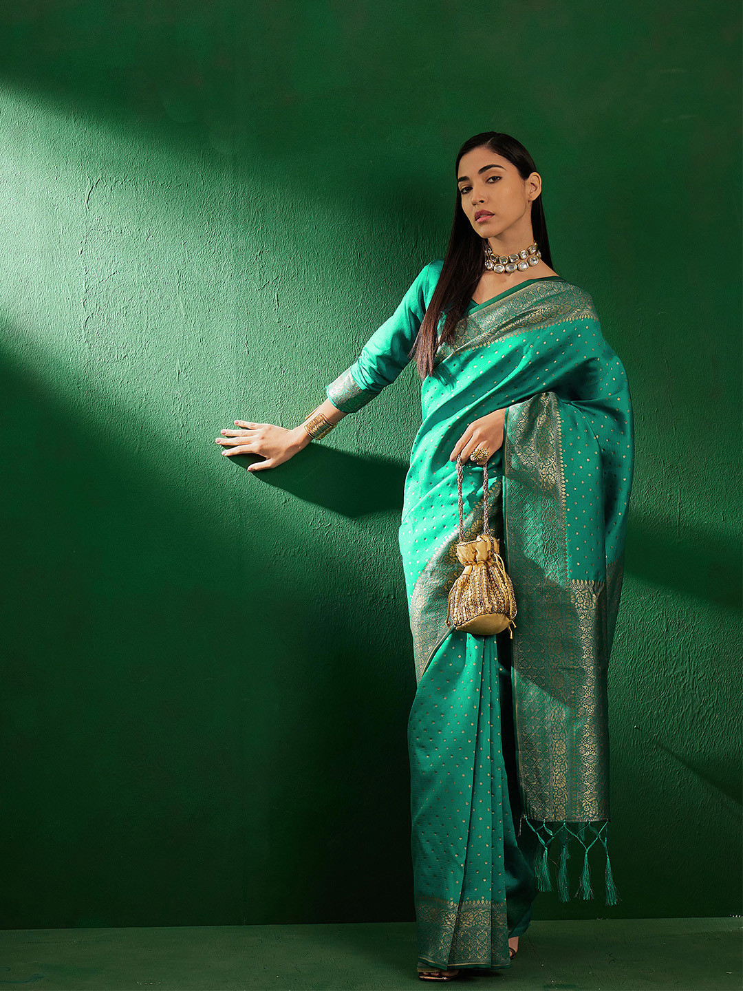 

Sangria Polka Dots Woven Design Banarasi Saree, Sea green