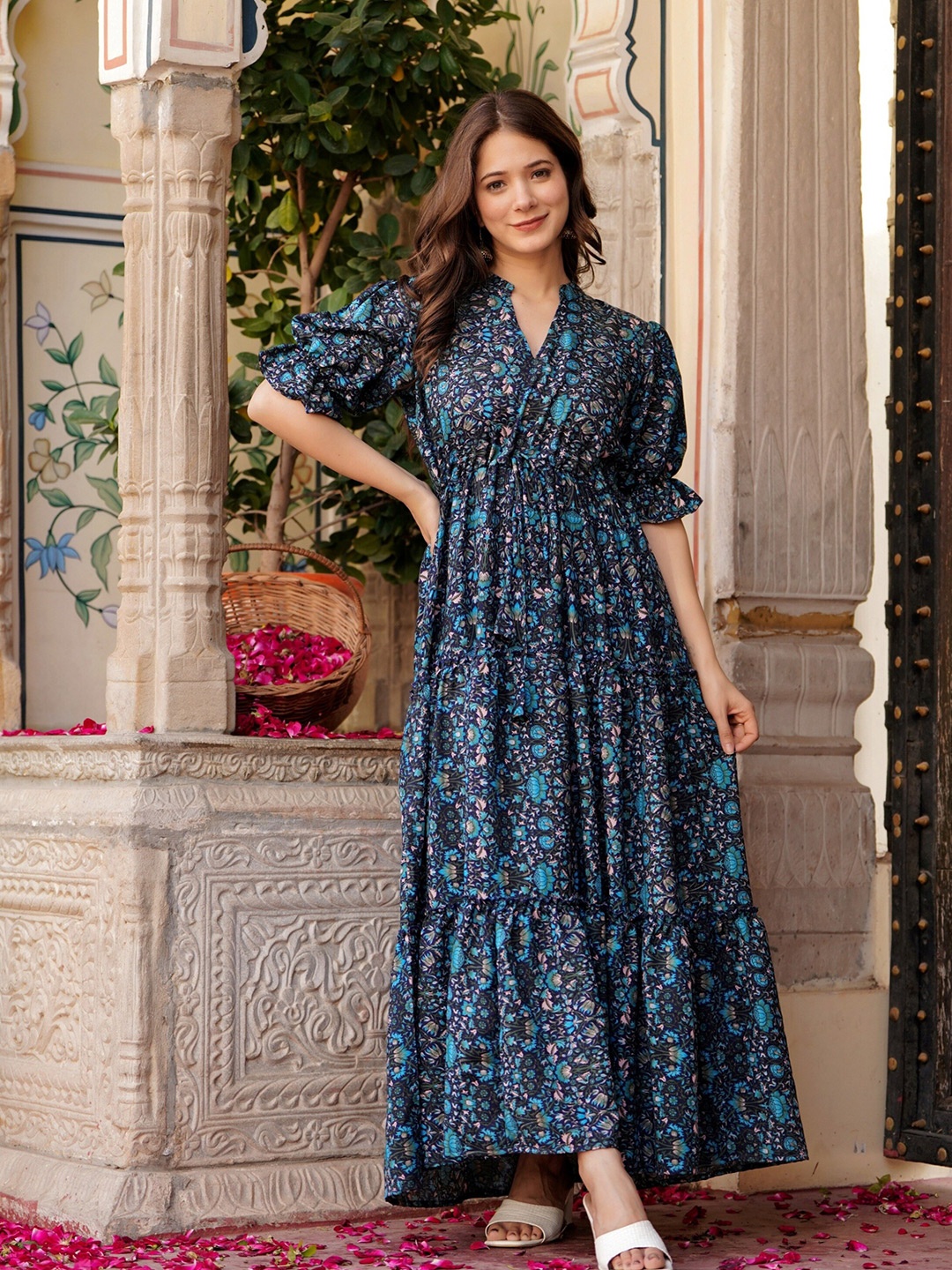 

VAANI CREATION Floral Printed Mandarin Collar Puff Sleeves Fit & Flare Maxi Ethnic Dress, Blue