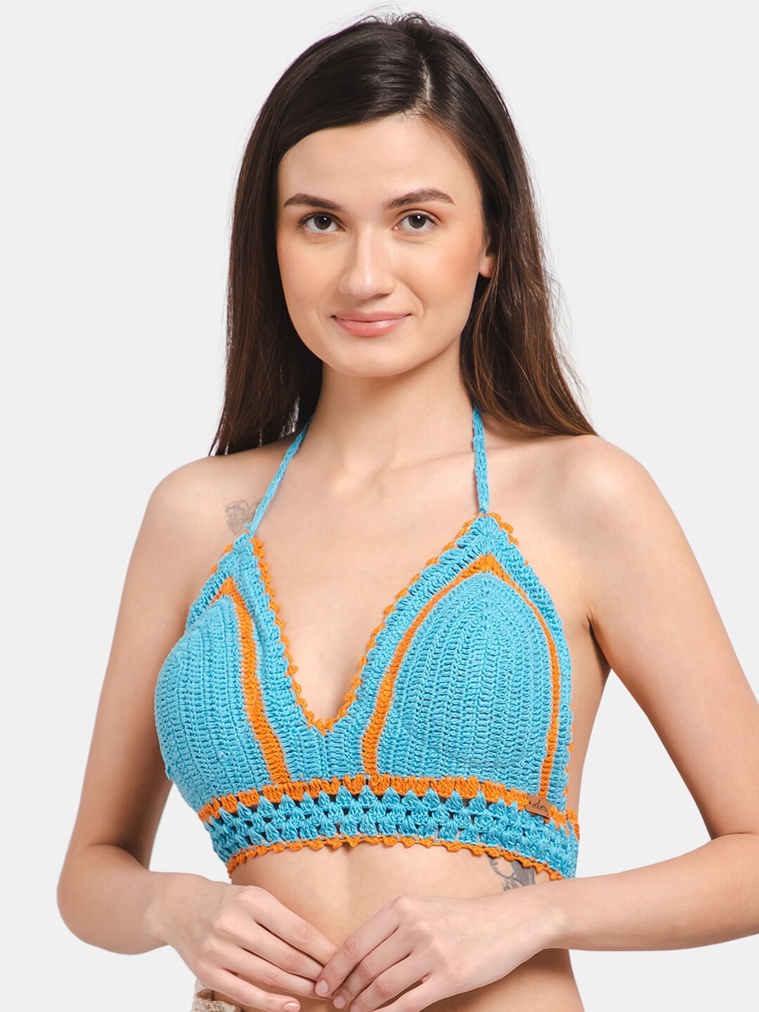 

Velvery Halter Neck Lightly Padded Cotton Bralette Swim Bra, Blue