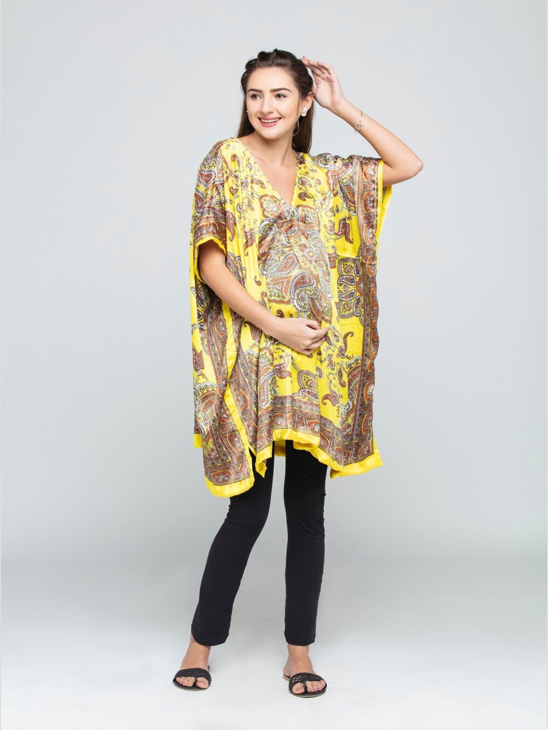 

CHARISMOMIC Printed Georgette Maternity Kaftan Dress, Yellow