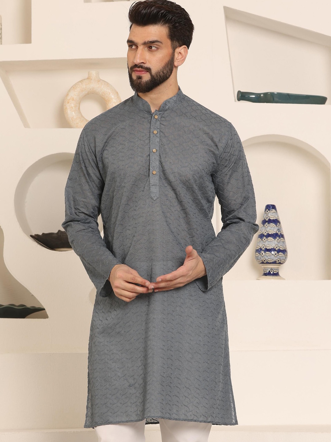 

Armaan Ethnic Thread Work Mandarin Collar Long Sleeves Straight Kurta, Grey