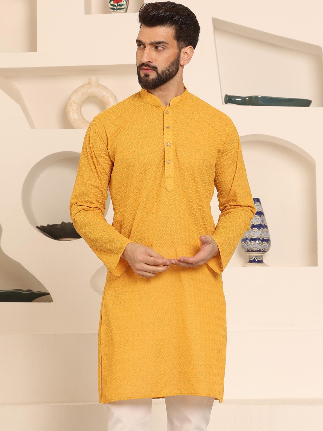 

Armaan Ethnic Thread Work Mandarin Collar Long Sleeves Straight Kurta, Yellow