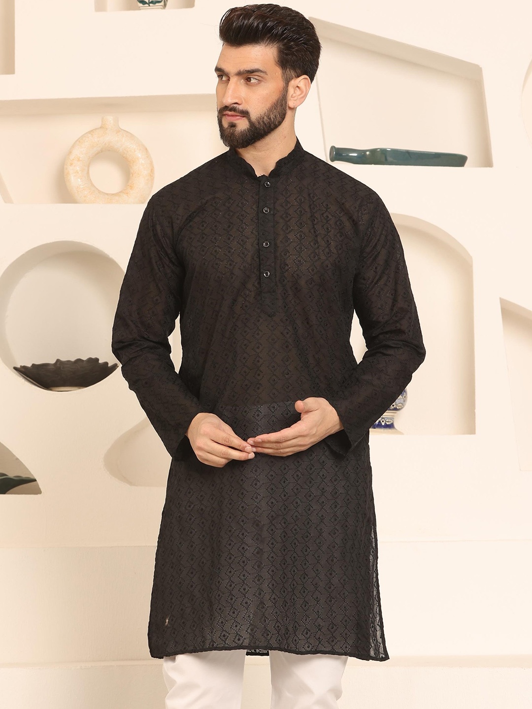 

Armaan Ethnic Thread Work Mandarin Collar Long Sleeves Straight Kurta, Black