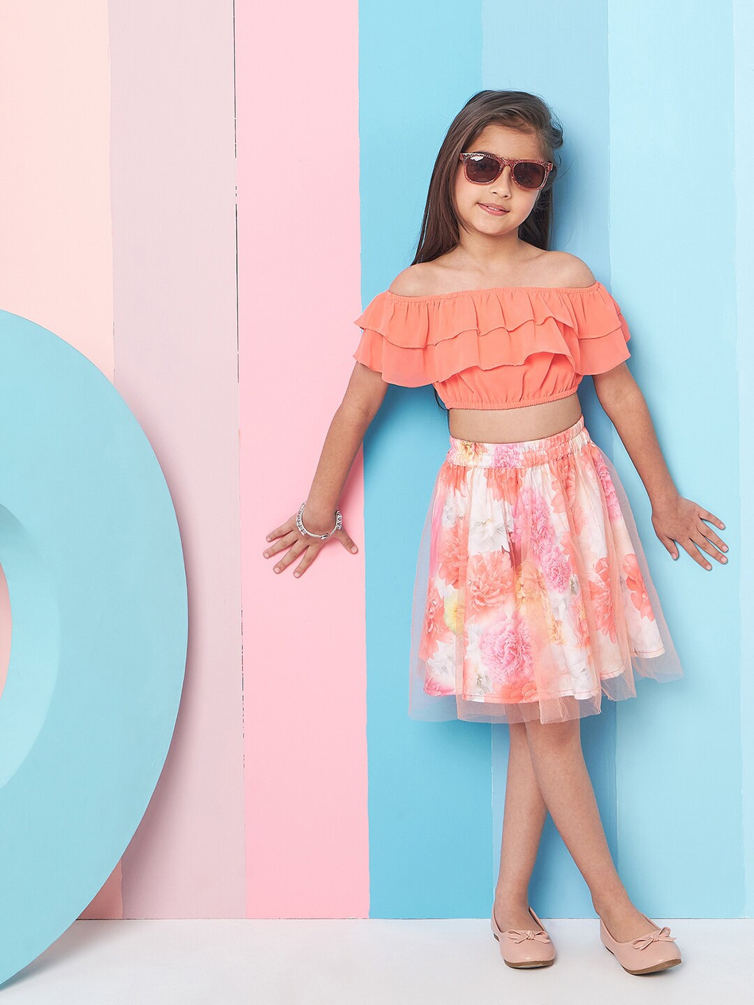 

pspeaches Girls Floral Printed Off-Shoulder Top with Skirt, Orange