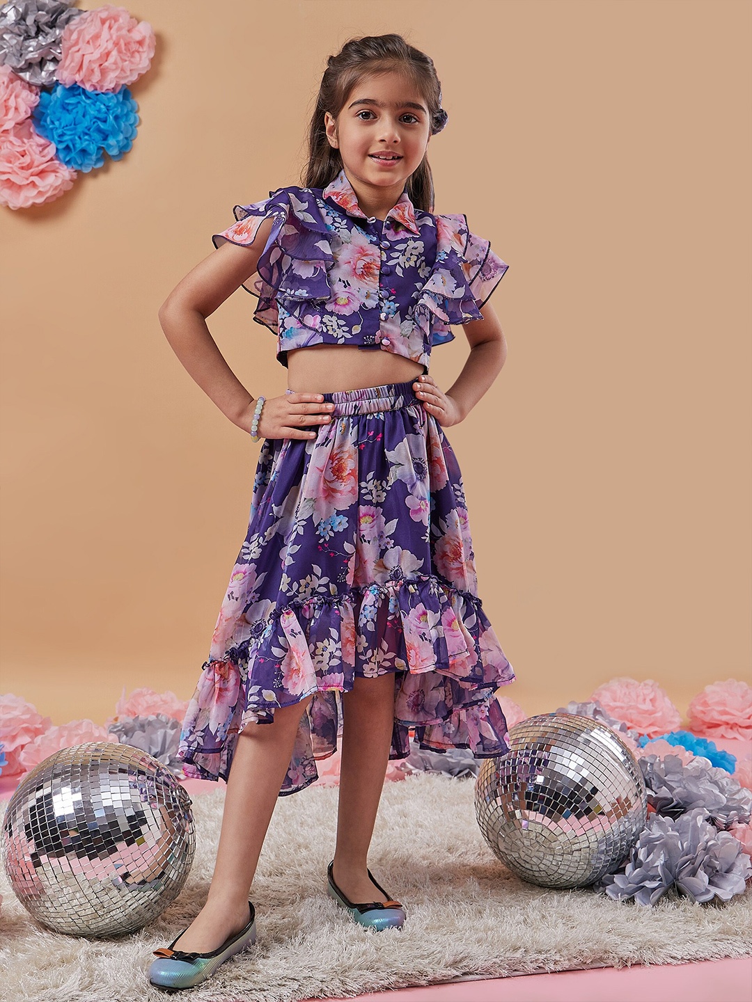 

pspeaches Girls Floral Printed Top with Skirt, Navy blue