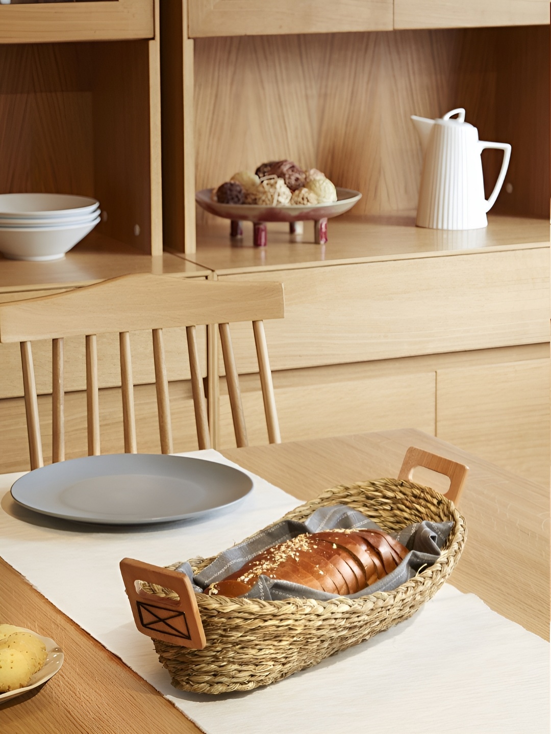 

KADAM HAAT Beige Wooden Dishwasher Safe Bread Basket