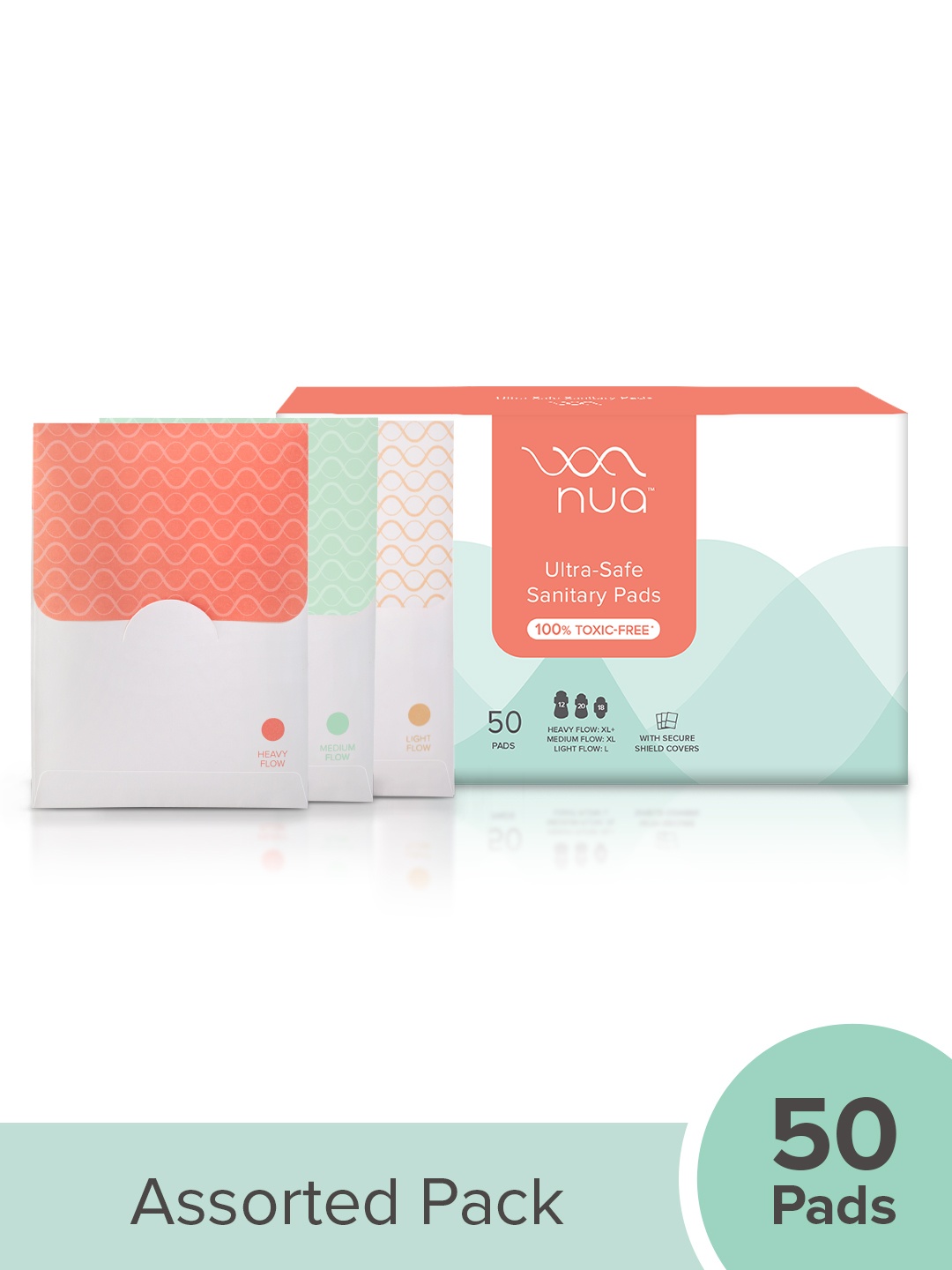 

Nua Ultra Safe Sanitary Pads With Disposal Pouches - 12XL+, 20XL, 18L - 50 Pads, White