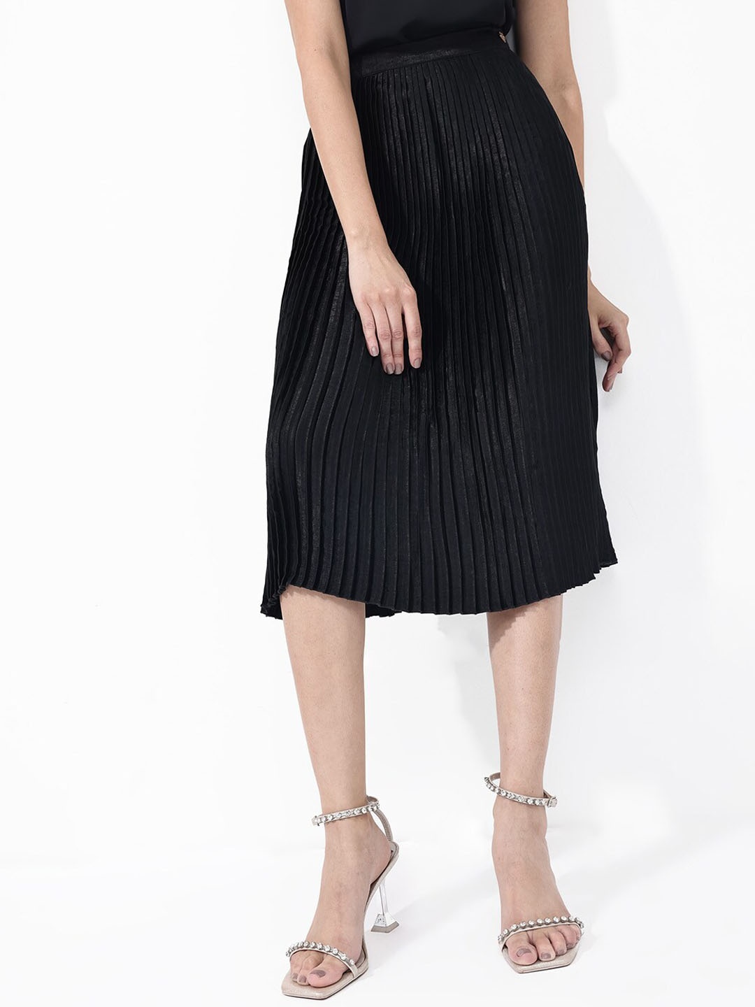 

RAREISM Accordion Pleated Flared Midi Skirt, Black