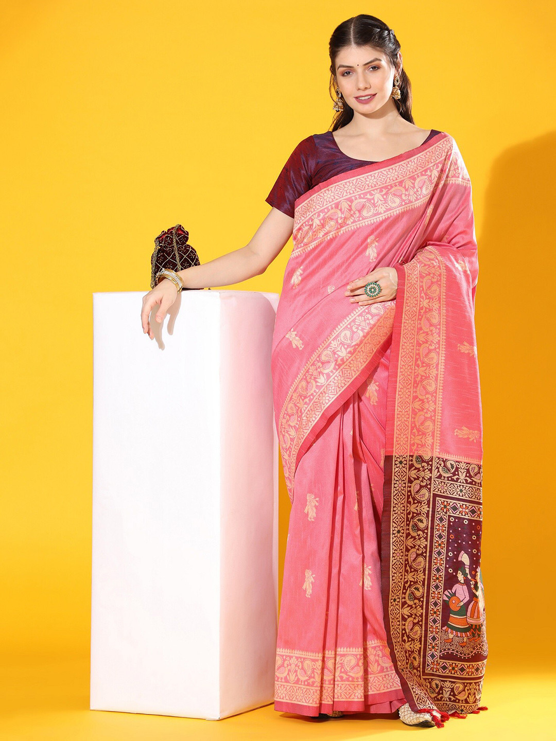 

Mitera Ethnic Motifs Woven Design Zari Saree, Pink