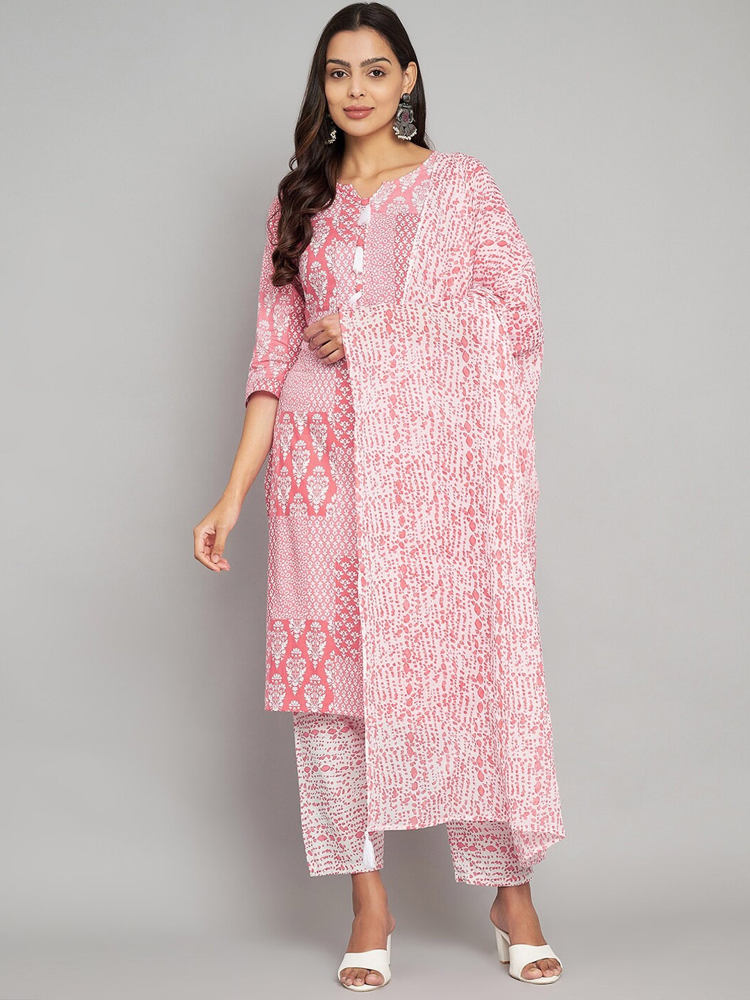 

ERISHA Floral Printed Regular Pure Cotton Straight Kurta With Trousers & Dupatta, Pink