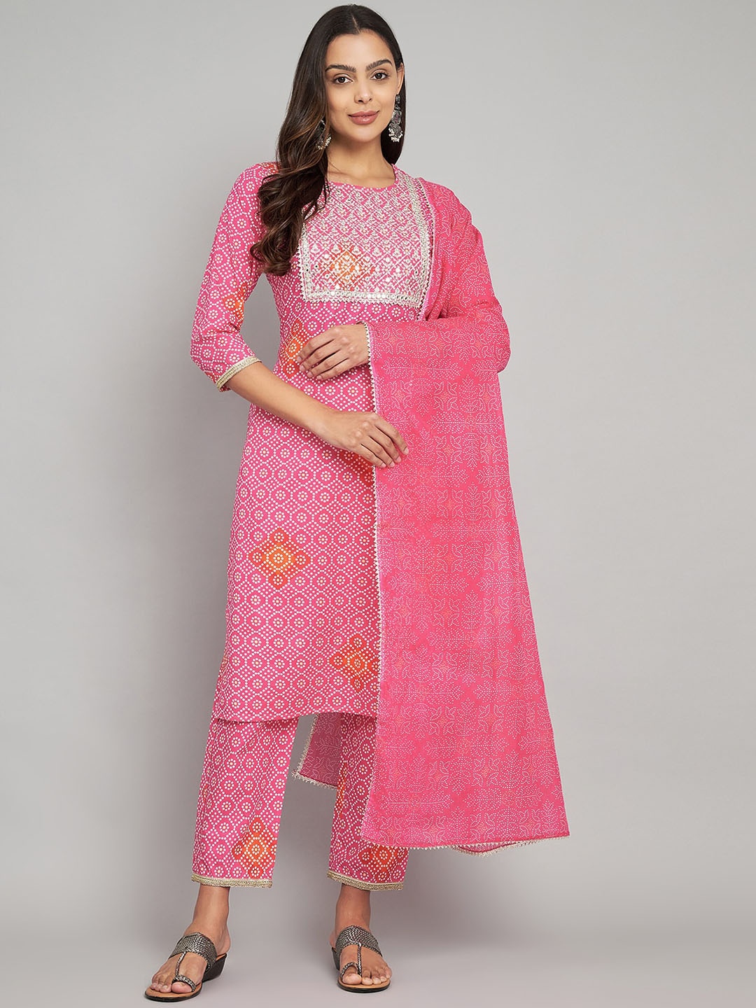 

ERISHA Ethnic Motifs Printed Regular Mirror Work Pure Cotton Kurta With Trousers & Dupatta, Pink