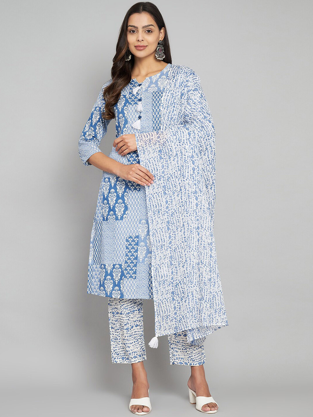 

ERISHA Ethnic Motifs Printed Regular Pure Cotton Straight Kurta With Trousers & Dupatta, Blue