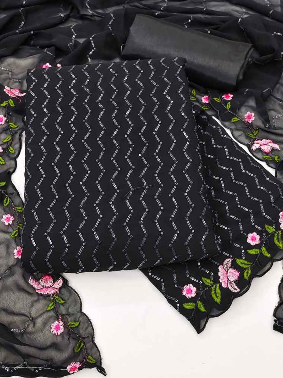 

faxofab Floral Sequinned Embroidered Unstitched Dress Material, Black