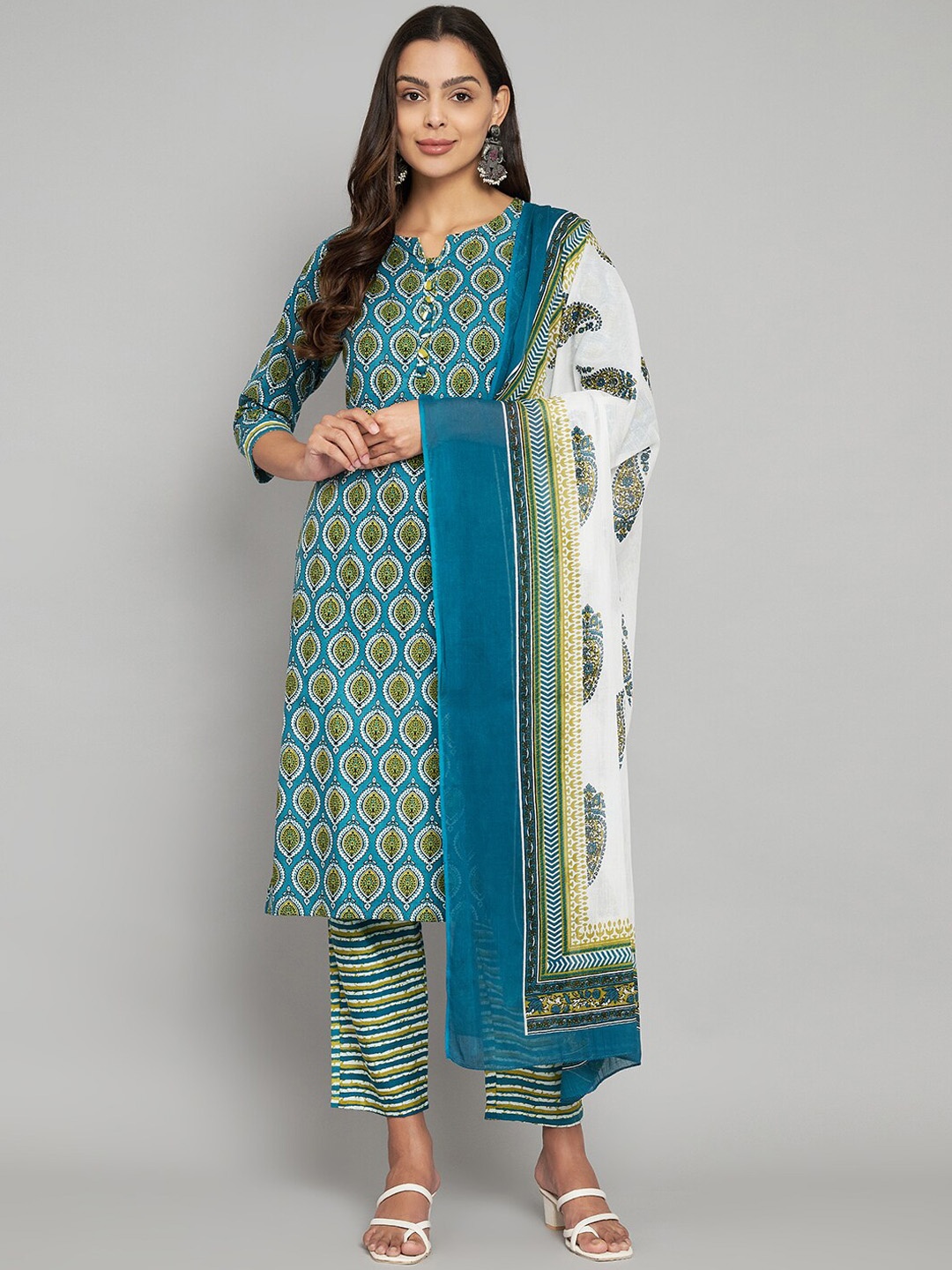 

ERISHA Ethnic Motifs Printed Regular Pure Cotton Straight Kurta With Trousers & Dupatta, Teal