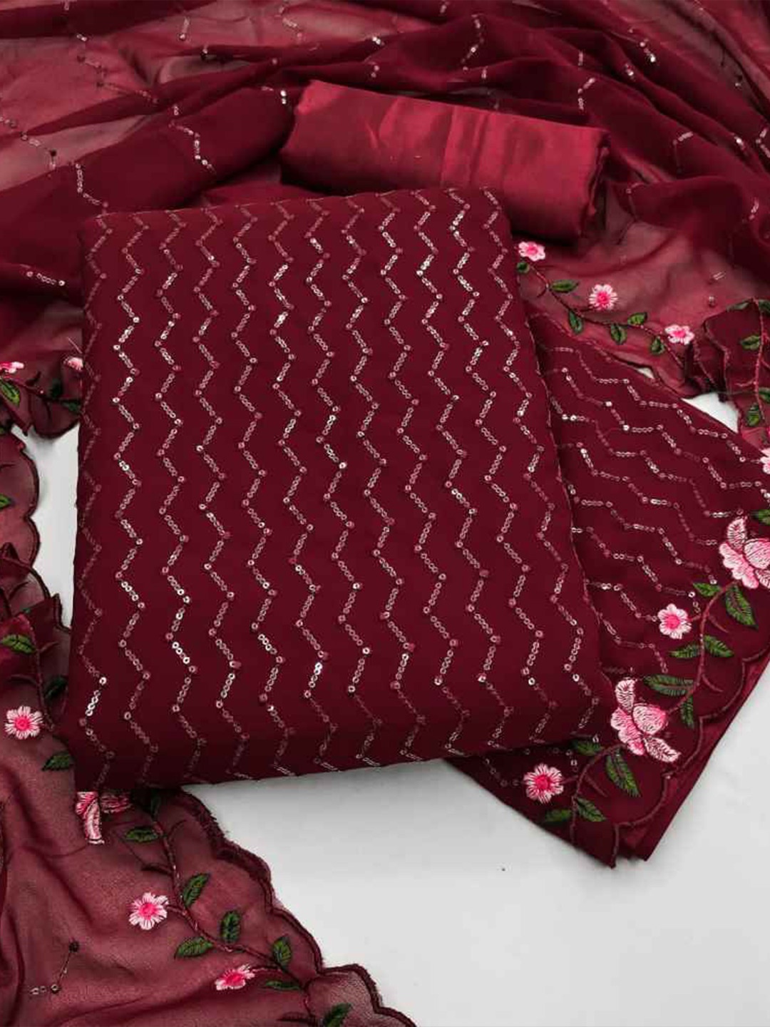 

faxofab Geometric Embroidered Sequinned Unstitched Dress Material, Maroon