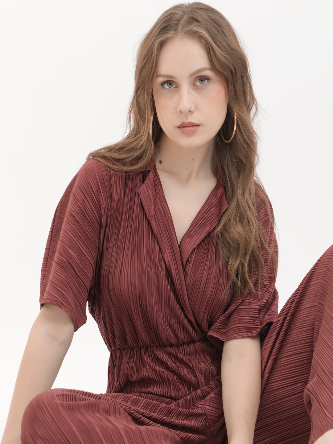 

RAREISM Striped Notched Lapel Collar Basic Jumpsuit, Brown