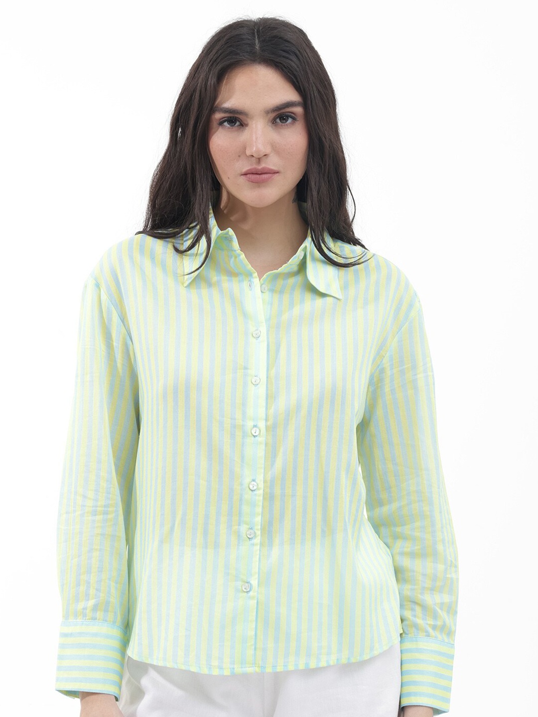

RAREISM Standard Opaque Striped Cotton Casual Shirt, Green