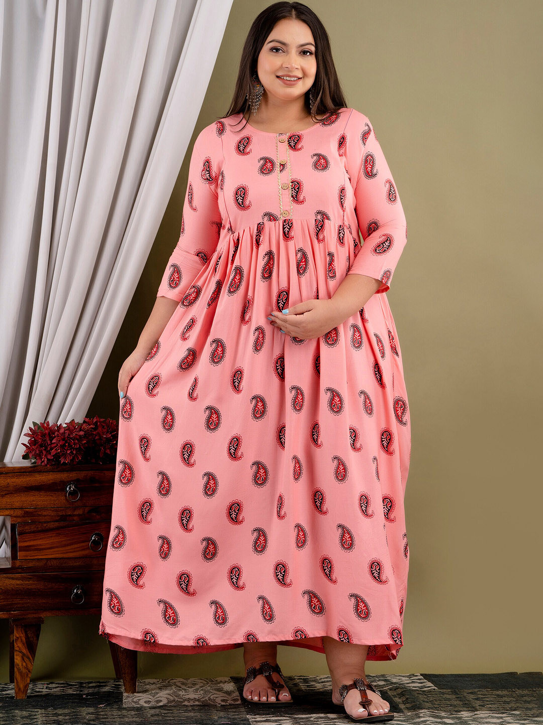 

Mialo fashion Printed Round Neck Plus Size Maternity Fit and Flare Dress, Pink