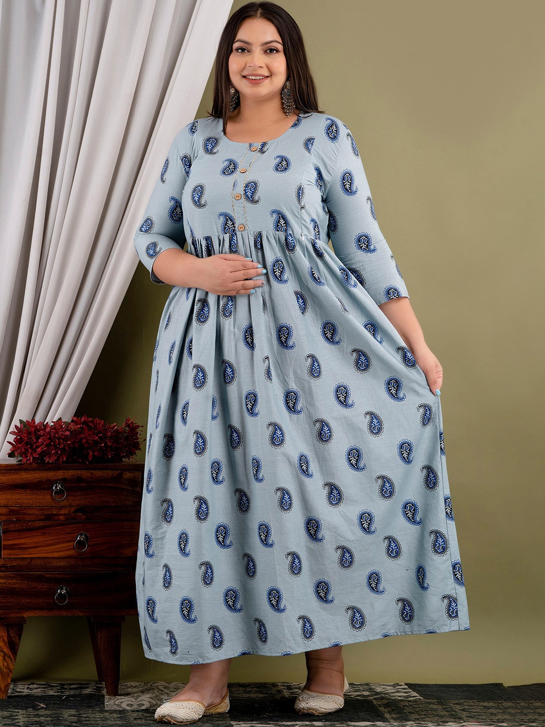 

Mialo fashion Printed Round Neck Plus Size Maternity Fit and Flare Dress, Blue
