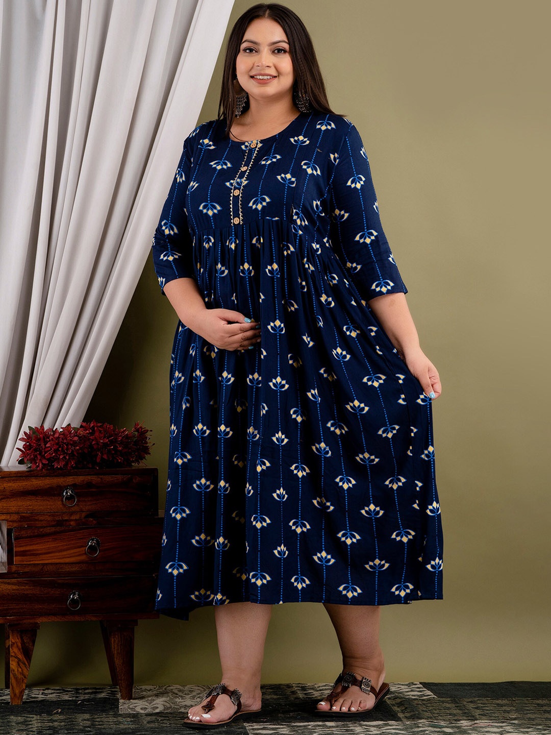 

Mialo fashion Printed Round Neck Plus Size Maternity Fit and Flare Dress, Navy blue
