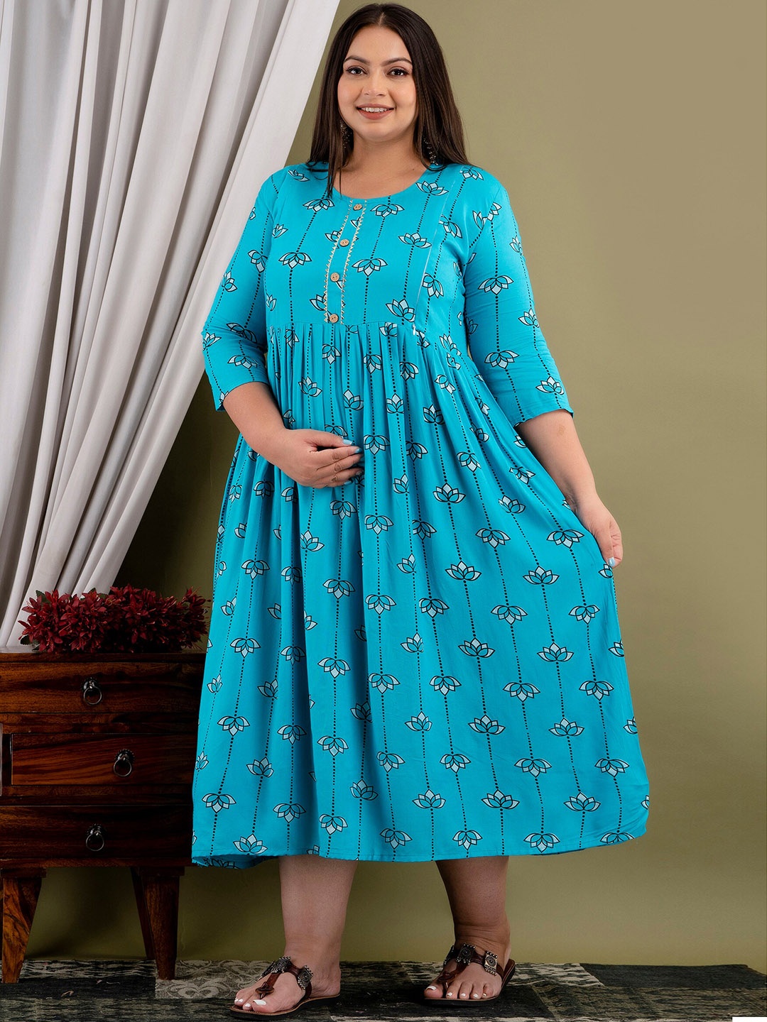 

Mialo fashion Printed Round Neck Plus Size Maternity Fit and Flare Dress, Blue