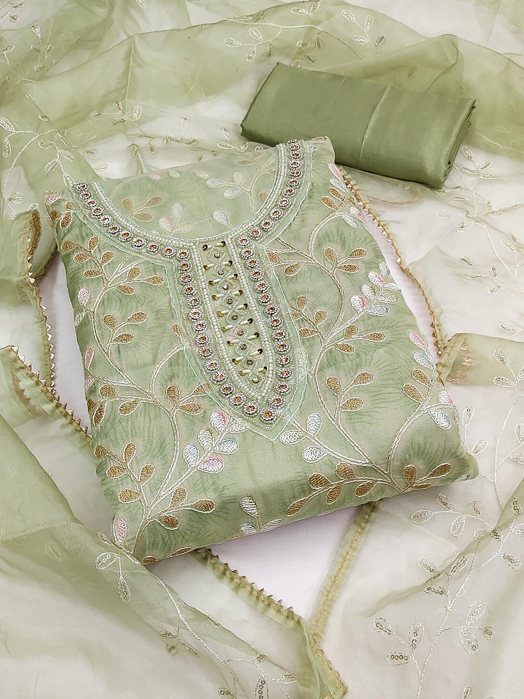 

KALINI Embroidered Sequined Organza Unstitched Dress Material, Green