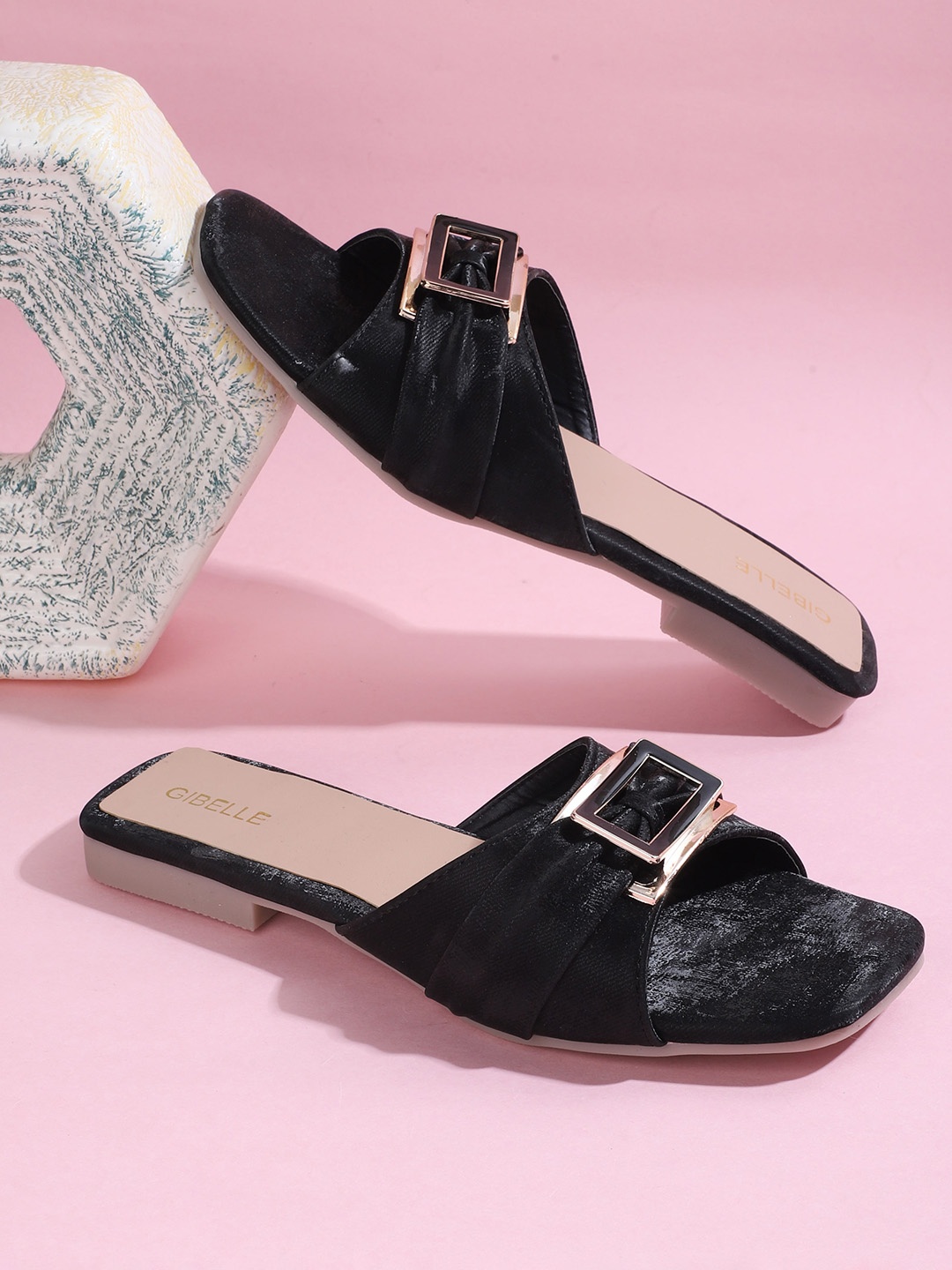

Gibelle Textured Buckle Detail Open Toe Flats, Black