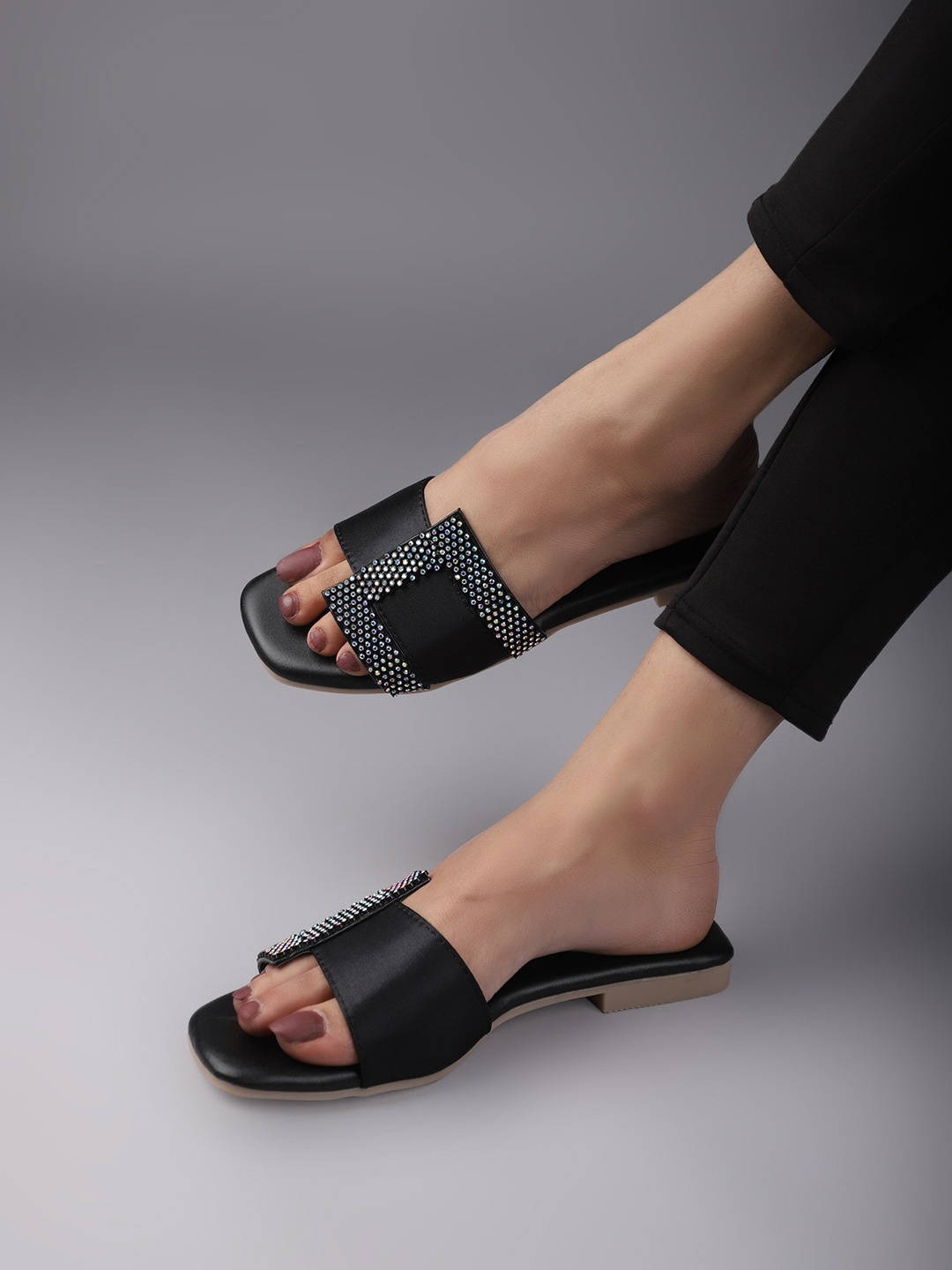 

Gibelle Textured Embellished Open Toe Flats, Black