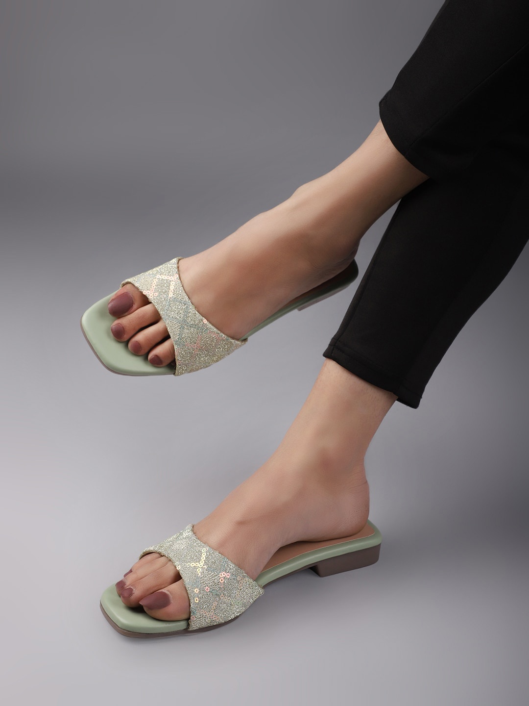 

Gibelle Textured Embellished Open Toe Flats, Green
