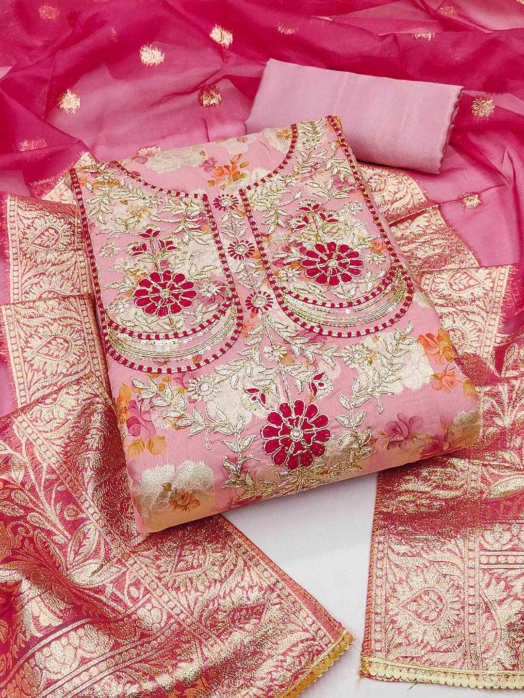 

KALINI Embroidered Unstitched Dress Material, Pink