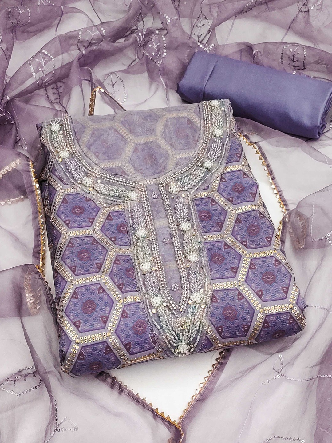 

KALINI Geometric Printed Beads & Stones Organza Unstitched Dress Material, Purple