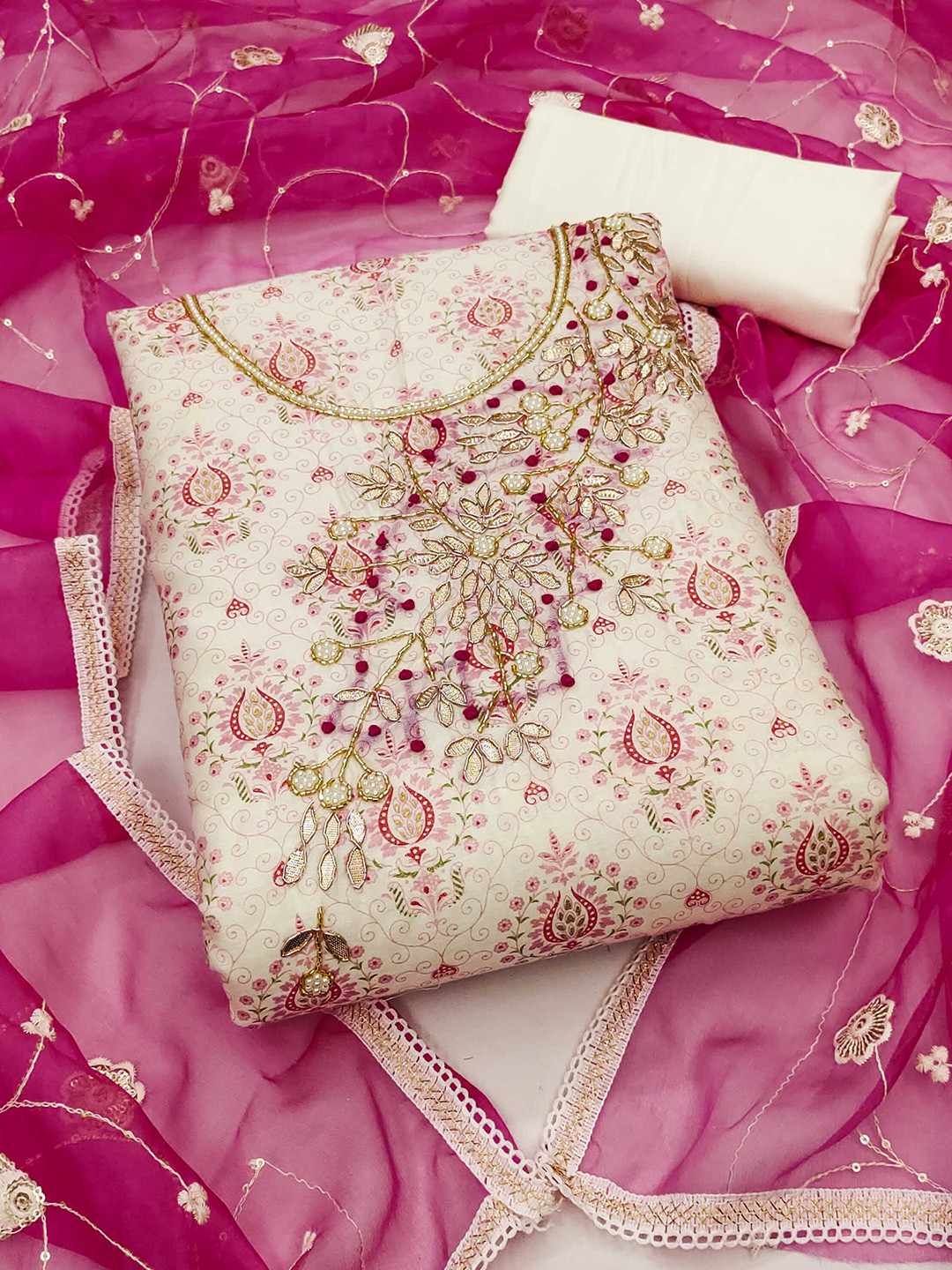 

KALINI Ethnic Motifs Printed Beads & Stones Detailed Unstitched Dress Material, Cream