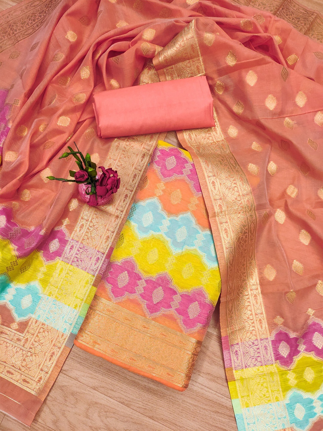 

Panzora Embellished Unstitched Dress Material, Peach