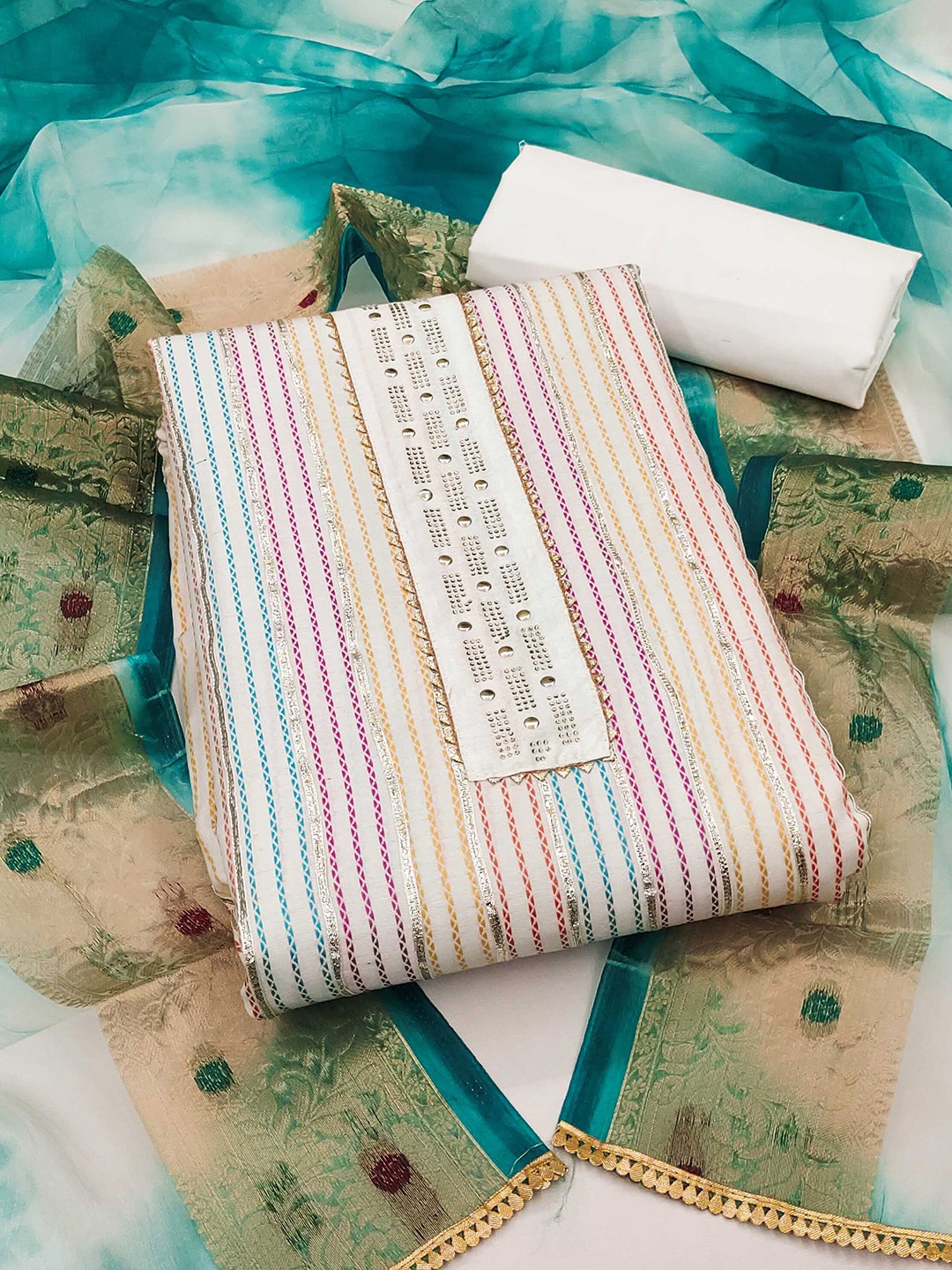 

KALINI Striped Embroidered Unstitched Dress Material, Cream
