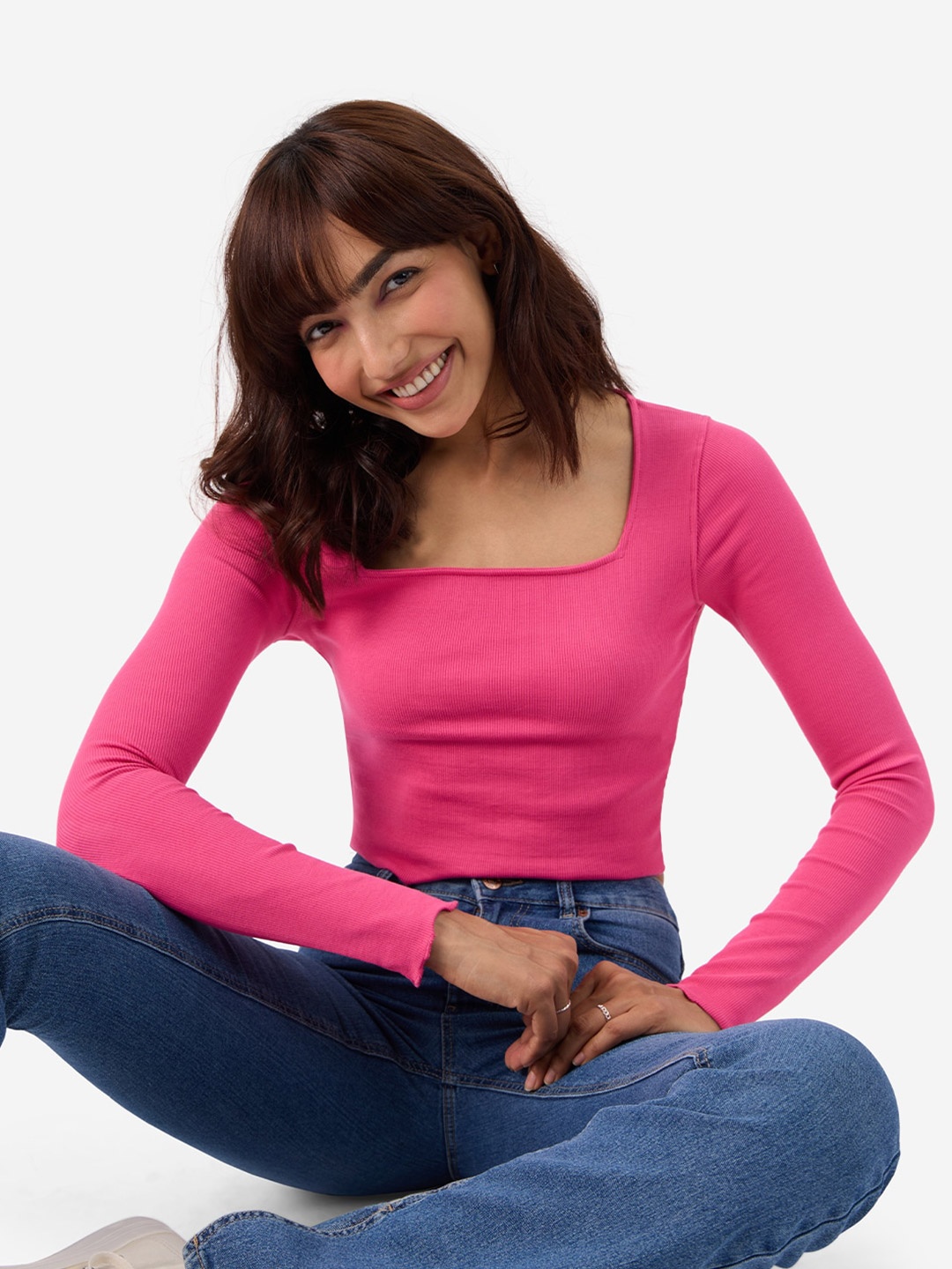 

The Souled Store Square Neck Long Sleeves Crop Fitted Top, Pink