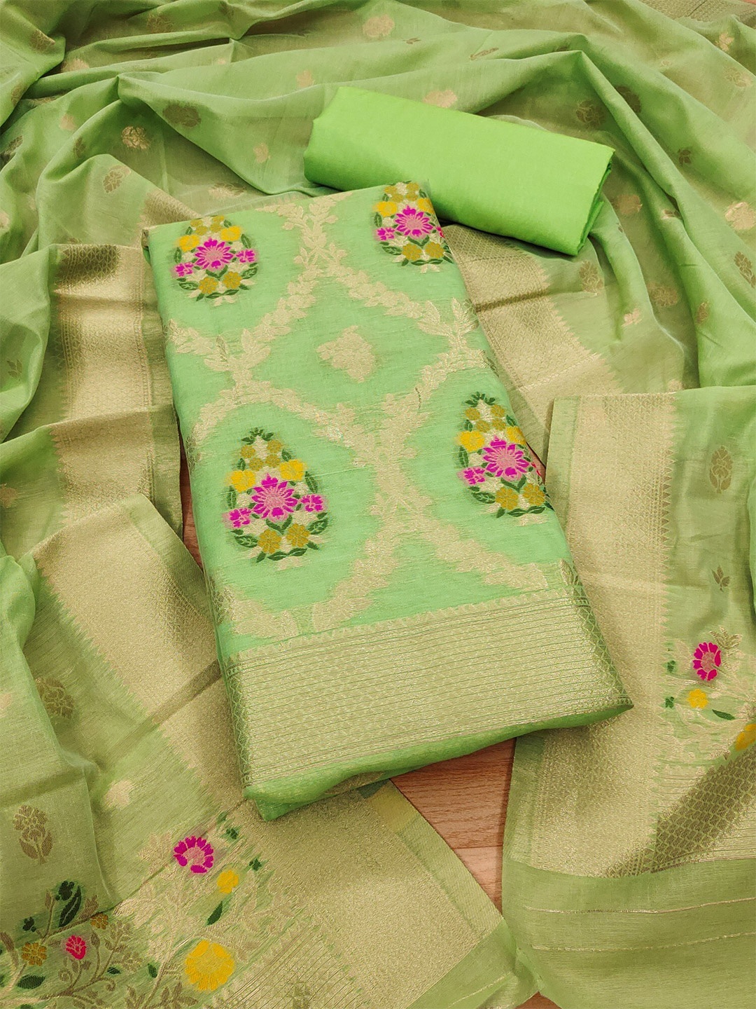 

Panzora Embellished Unstitched Dress Material, Green