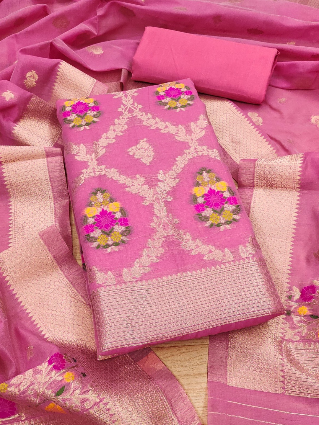 

Panzora Ethnic Motifs Woven Design Unstitched Dress Material, Pink