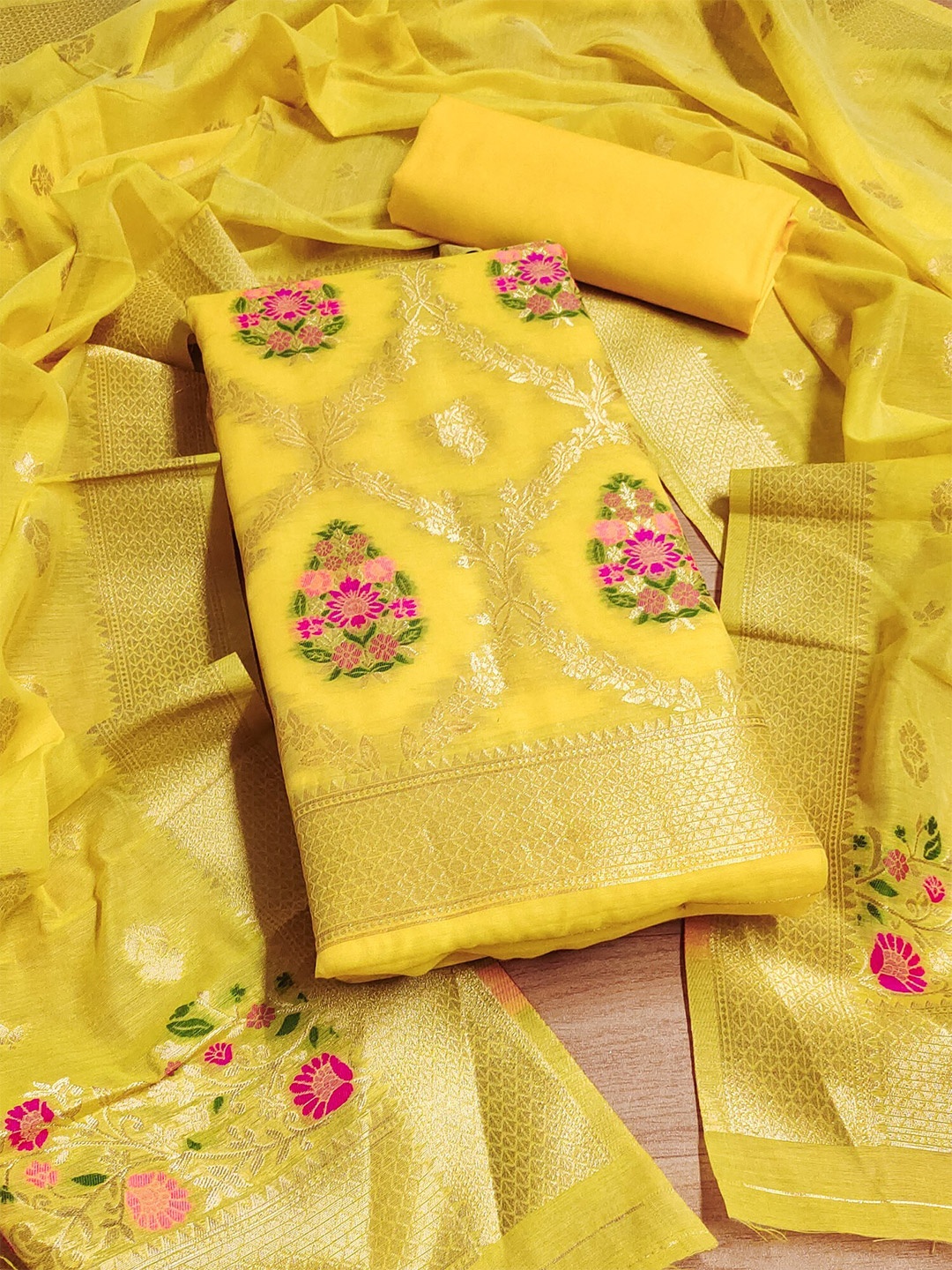 

Panzora Ethnic Motifs Woven Design Unstitched Dress Material, Yellow